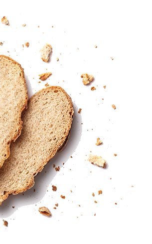 Two slices of bread with crumbs.